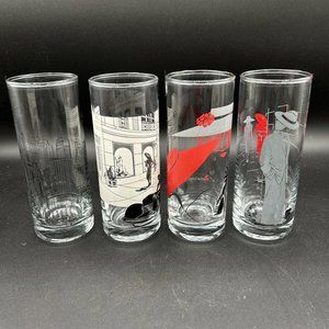 4 VTG Panache Highball 12oz Tumbler Glasses Art Deco Retro City Skyline Car Lady